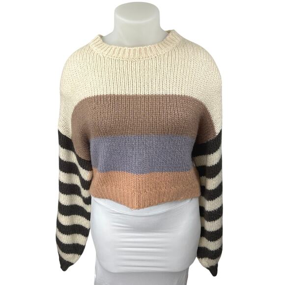 Forever 21 Multicolor Colorblock Striped Knit Long Sleeve Crop Sweater Top Sz L - Picture 1 of 4